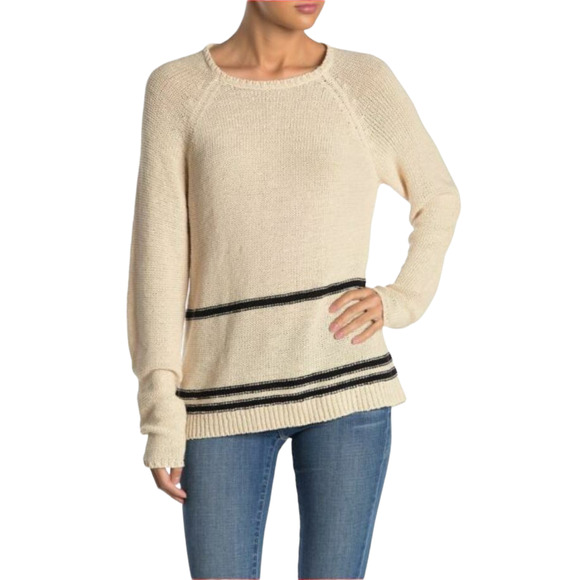 MAGASCHONI NEW $88 Knit Stripe Pullover Sweater in Natural Black Large - Picture 1 of 4